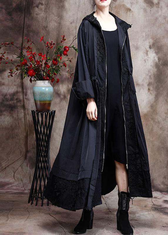 Italian Black Embroidery Plus Size Coat Hooded Maxi Coats