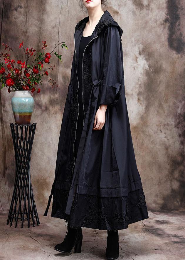 Italian Black Embroidery Plus Size Coat Hooded Maxi Coats