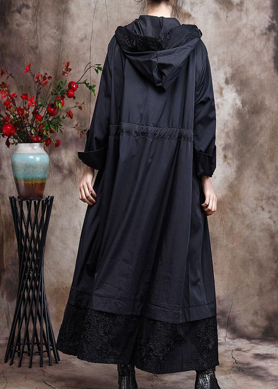 Italian Black Embroidery Plus Size Coat Hooded Maxi Coats