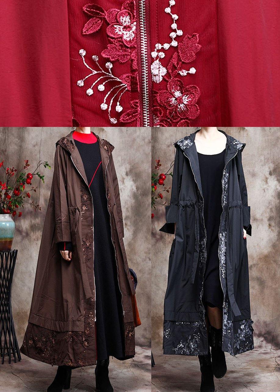 Italian Black Embroidery Plus Size Coat Hooded Maxi Coats