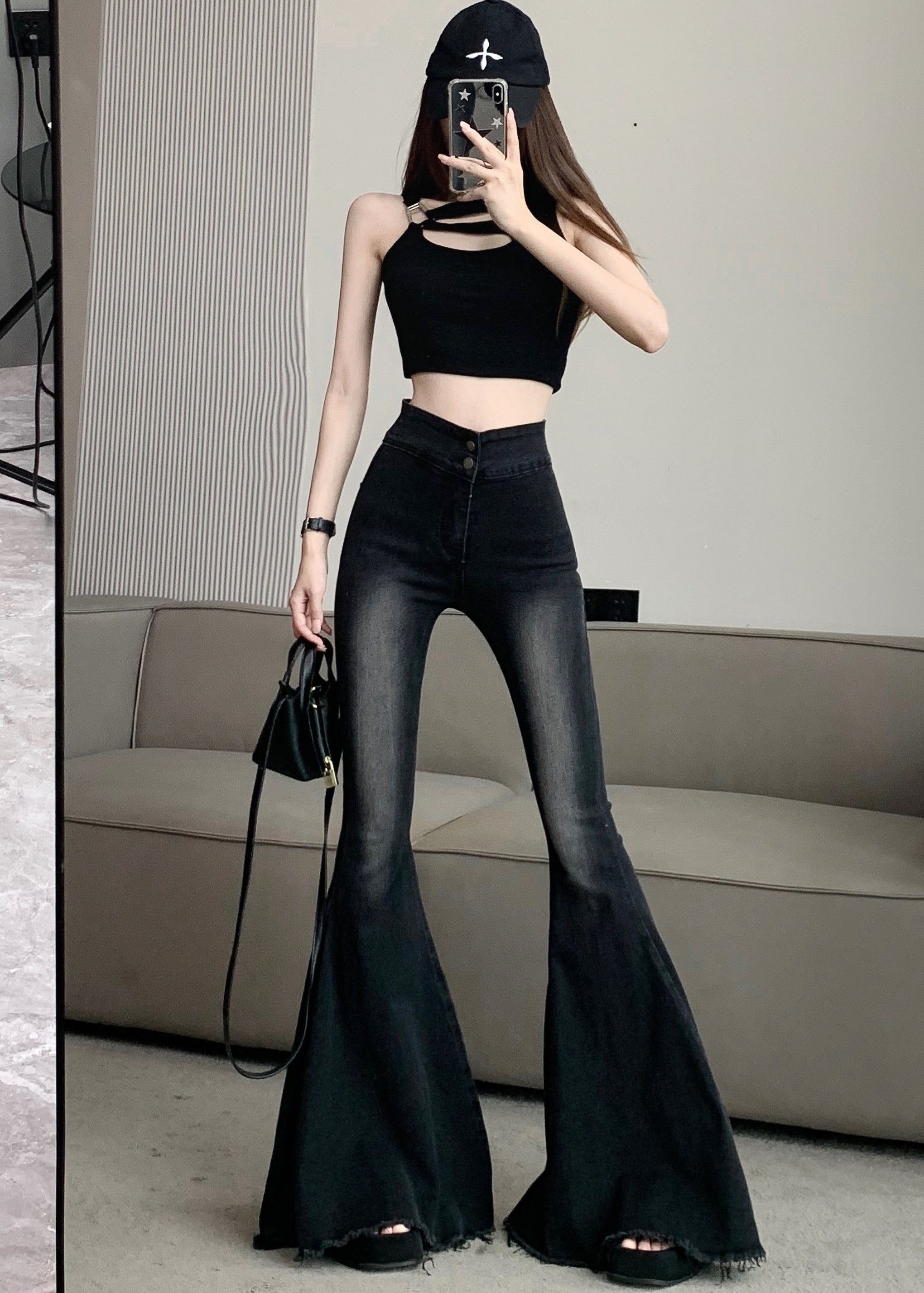 Italian Black High Waist Denim Flared Pants Trousers Spring