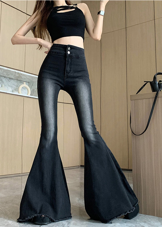 Italian Black High Waist Denim Flared Pants Trousers Spring