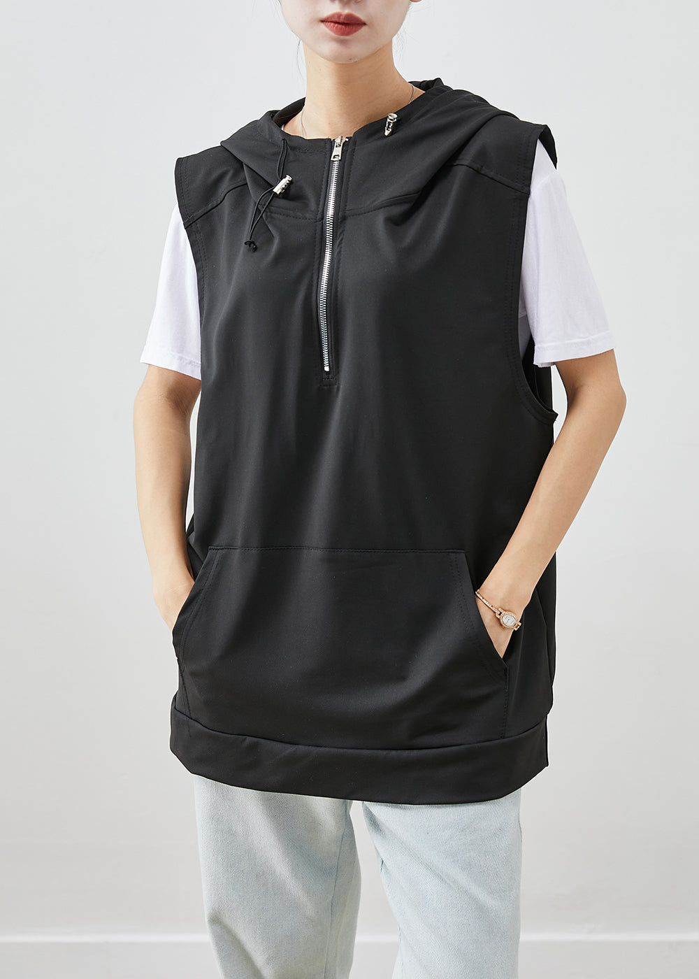 Italian Black Hooded Drawstring Cotton Vests Fall