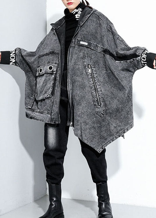 Italian Black Hooded asymmetrical design denim Coat Spring