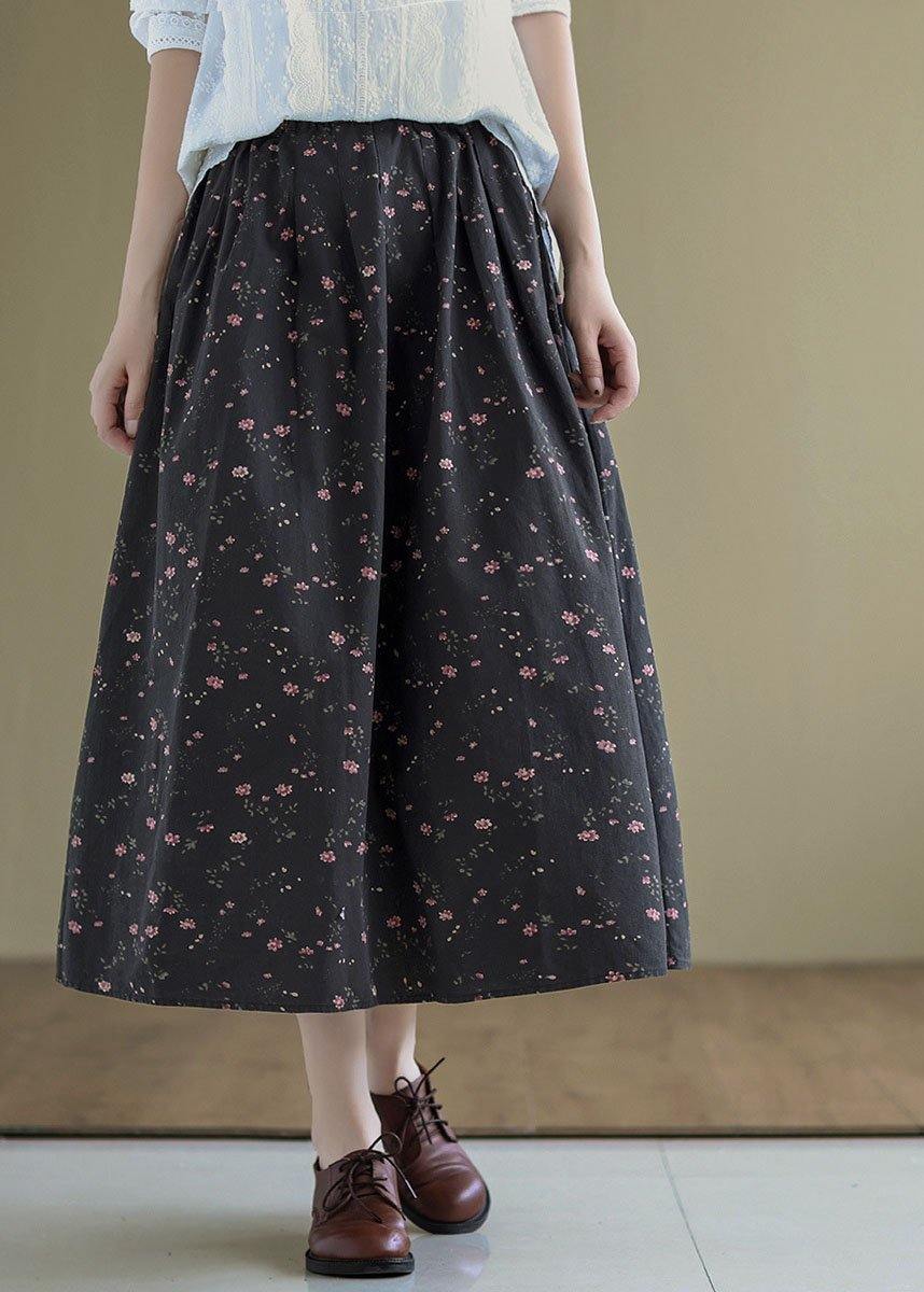 Italian Black Retro Print Summer Skirt Linen