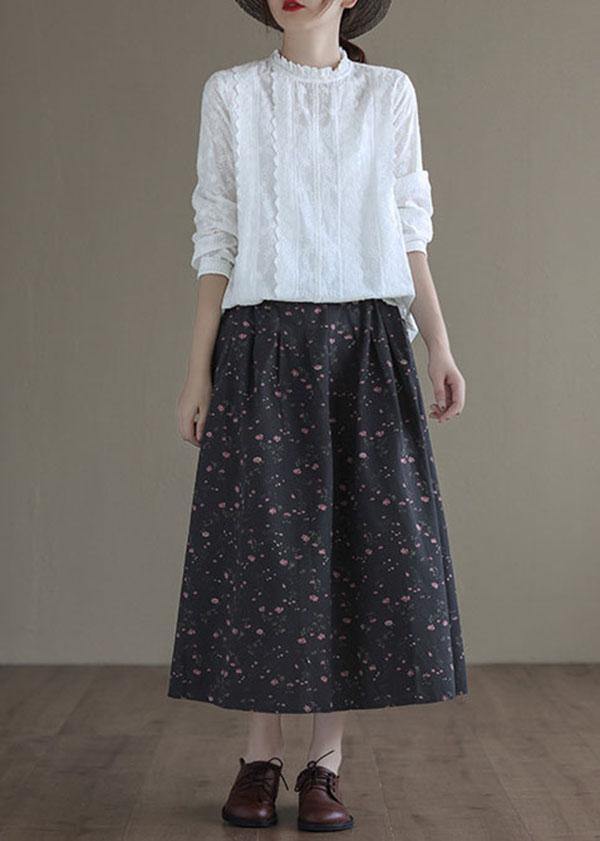 Italian Black Retro Print Summer Skirt Linen