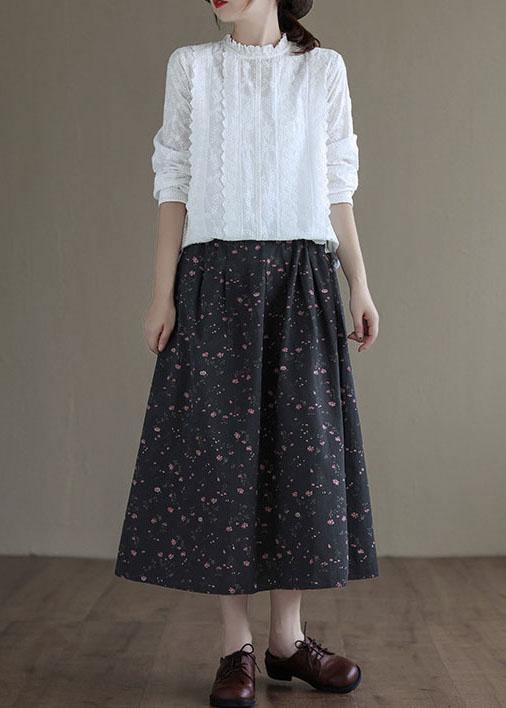 Italian Black Retro Print Summer Skirt Linen