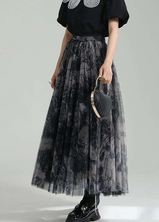 Italian Black Wrinkled Print Patchwork Tulle Skirts Summer