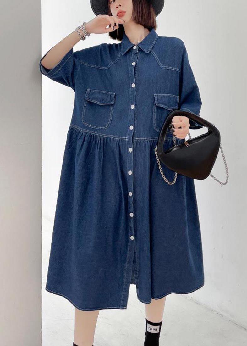 Italian Blue Button Pockets Denim Dresses Summer