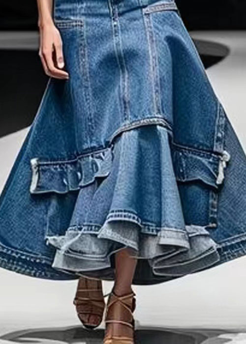 Italian Blue High Waist Patchwork Denim A Line Skirts Summer