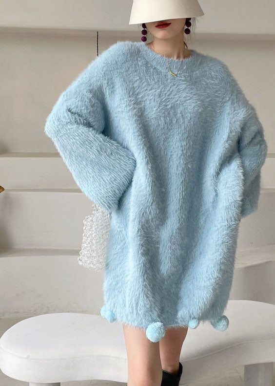 Italian Blue O-Neck Mink Hair Knitted Dress Winter