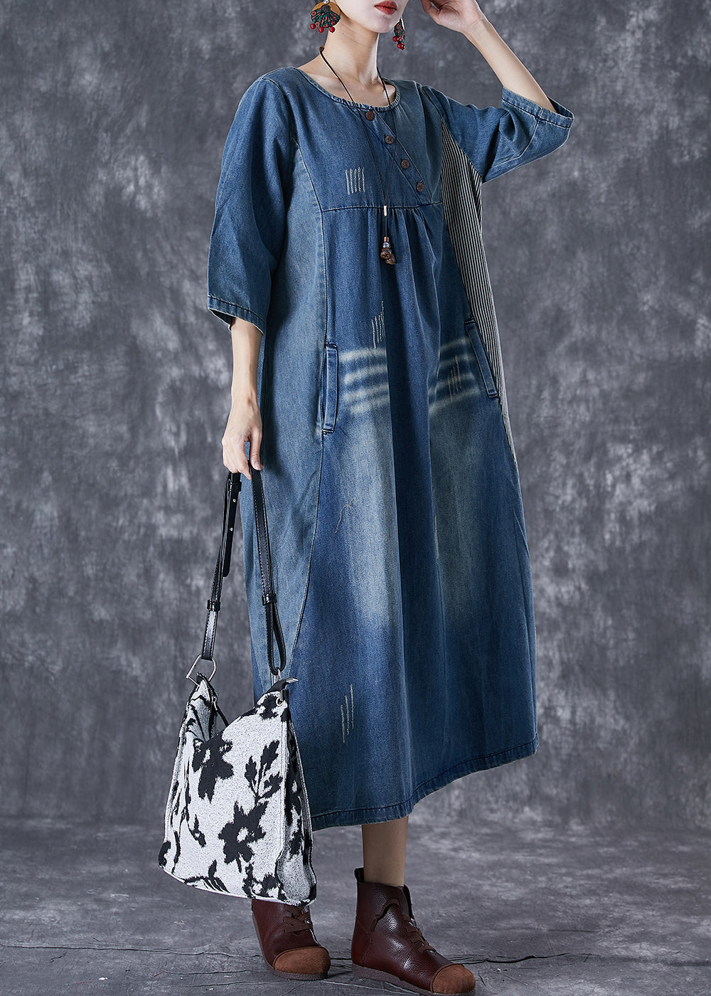 Italian Blue Oversized Patchwork Striped Denim Dresses Half Sleeve