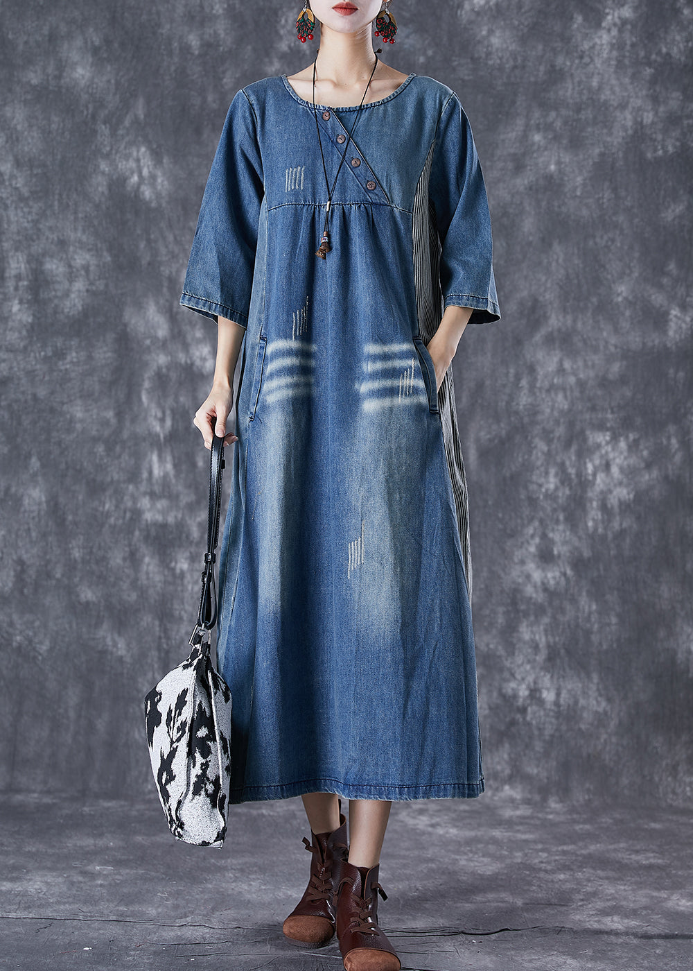 Italian Blue Oversized Patchwork Striped Denim Dresses Half Sleeve