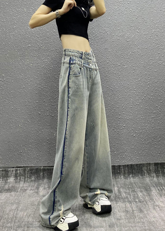 Italian Blue Pockets Patchwork Denim Wide Leg Pants Spring