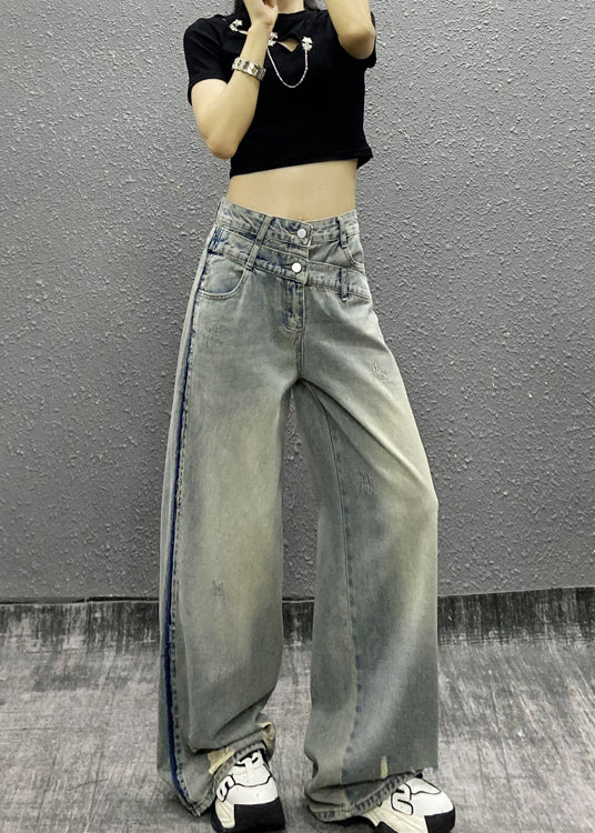 Italian Blue Pockets Patchwork Denim Wide Leg Pants Spring