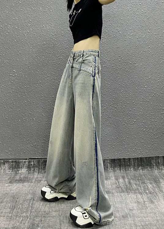 Italian Blue Pockets Patchwork Denim Wide Leg Pants Spring