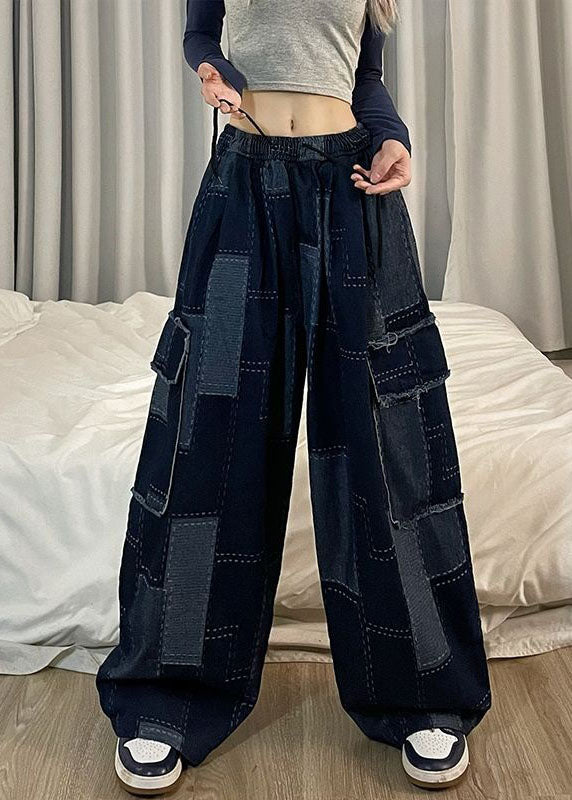 Italian Blue Pockets Patchwork Denim Wide Leg Pants Spring