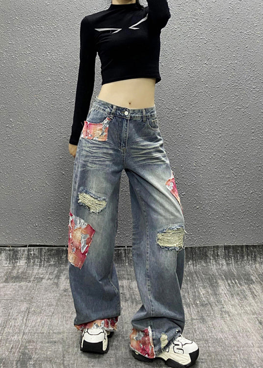 Italian Blue Pockets Patchwork Ripped Denim Wide Leg Pants Spring