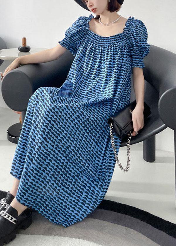 Italian Blue Print Square Collar Puff Sleeve Cotton Mid Dress