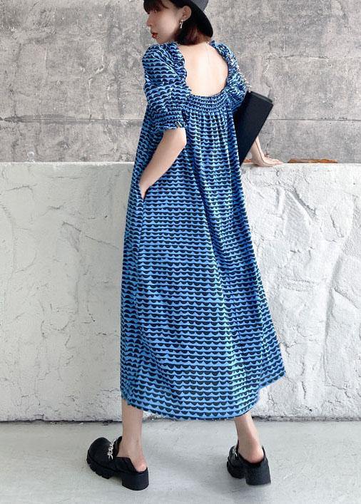 Italian Blue Print Square Collar Puff Sleeve Cotton Mid Dress