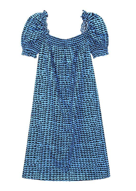 Italian Blue Print Square Collar Puff Sleeve Cotton Mid Dress