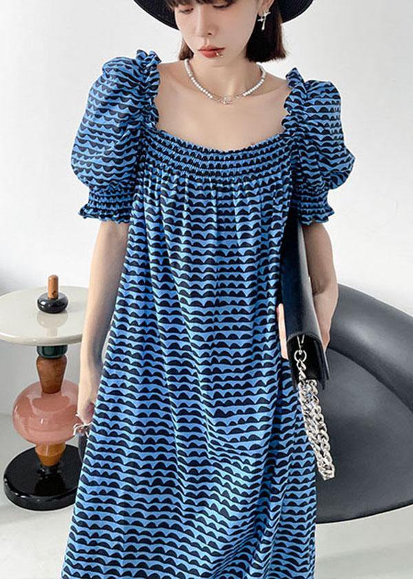 Italian Blue Print Square Collar Puff Sleeve Cotton Mid Dress