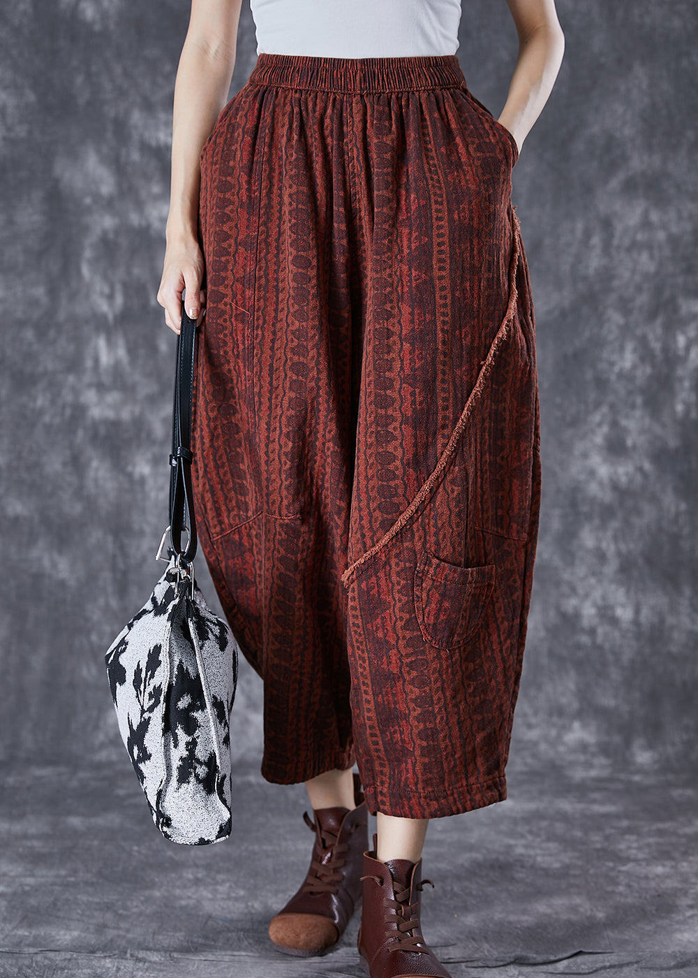 Italian Brick Red Oversized Pockets Print Linen Pants Summer