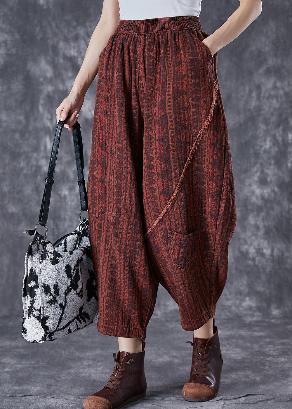 Italian Brick Red Oversized Pockets Print Linen Pants Summer