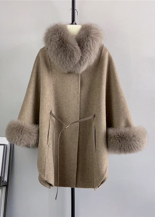 Italian Brown Pockets Fur Collar Tie Waist Woolen Coats Winter