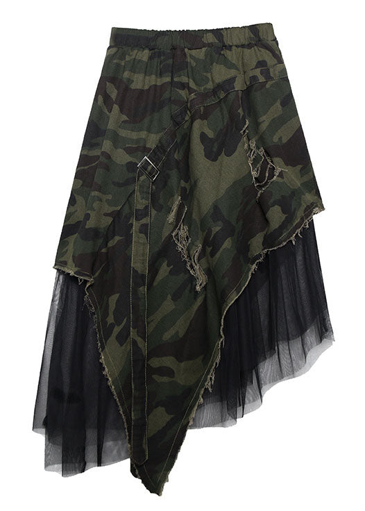 Italian Camouflage High Waist Denim Patchwork Tulle asymmetrical design Fall Skirts