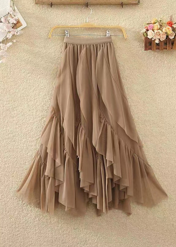 Italian Coffee Ruffled Patchwork Asymmetrical Tulle Skirts Spring