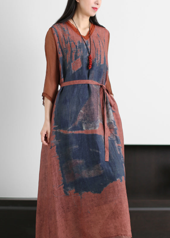 Italian Dark Blue V Neck Tie Waist Patchwork Linen Long Dresses Half Sleeve