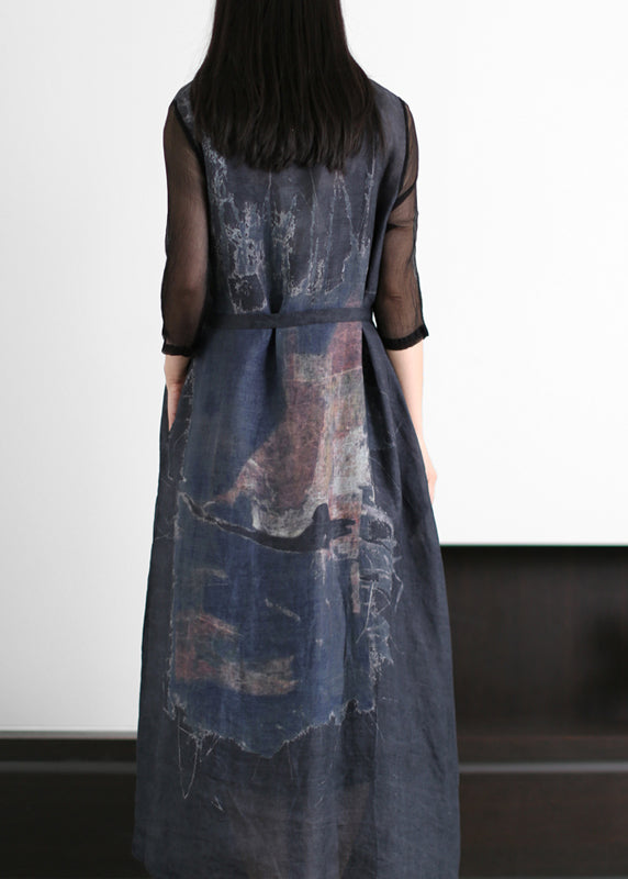 Italian Dark Blue V Neck Tie Waist Patchwork Linen Long Dresses Half Sleeve