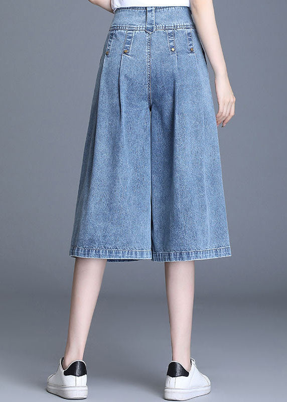 Italian Denim Blue High Waist Wrinkled Pockets Cotton Crop Straight Pants Summer