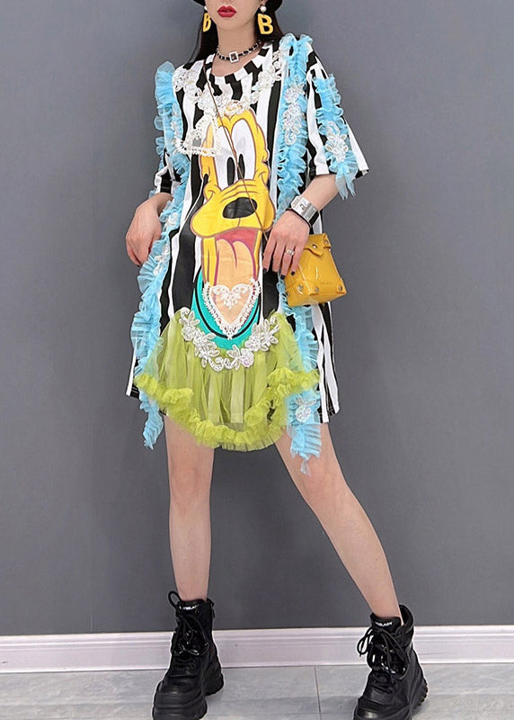 Italian Embroideried Ruffled Cartoon Striped Tulle Patchwork Tops Short Sleeve