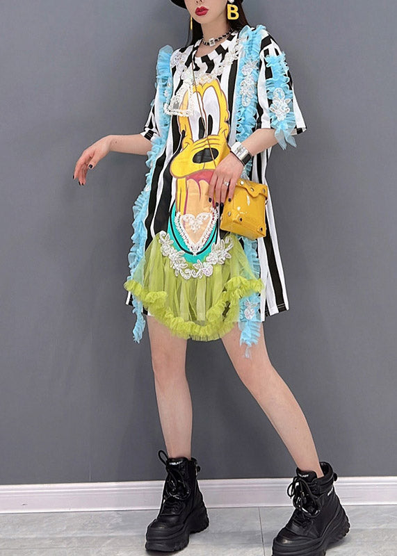 Italian Embroideried Ruffled Cartoon Striped Tulle Patchwork Tops Short Sleeve