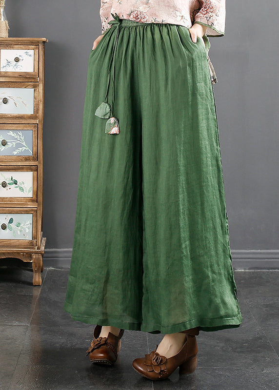 Italian Green Elastic Waist Drawstring Linen Wide Leg Pants Spring