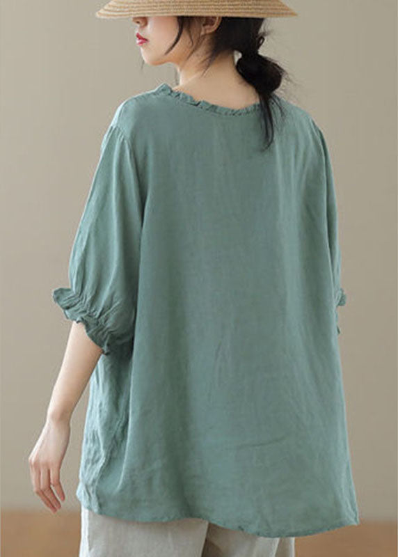 Italian Green Ruffled Print Loose Fall Tee Half Sleeve