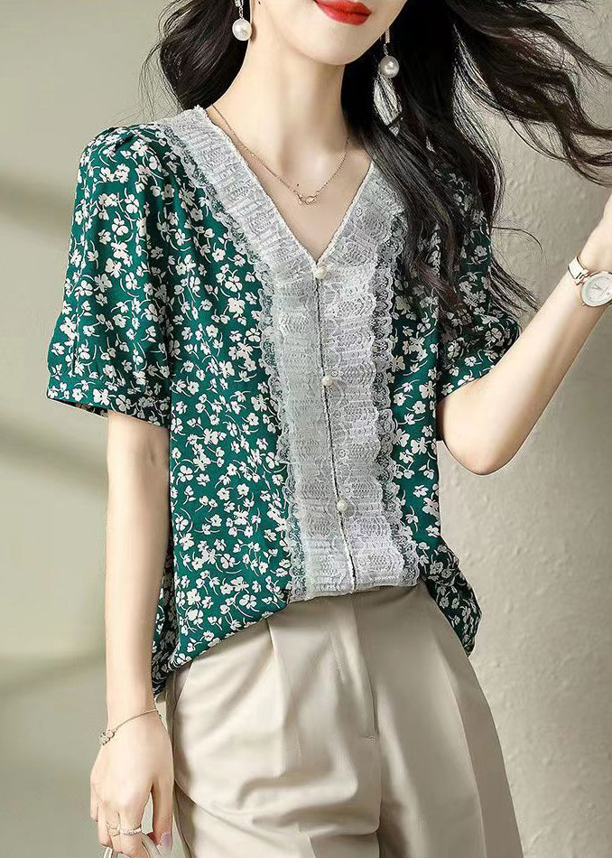 Italian Green V Neck Print Lace Patchwork Nail Bead Chiffon Shirts Summer