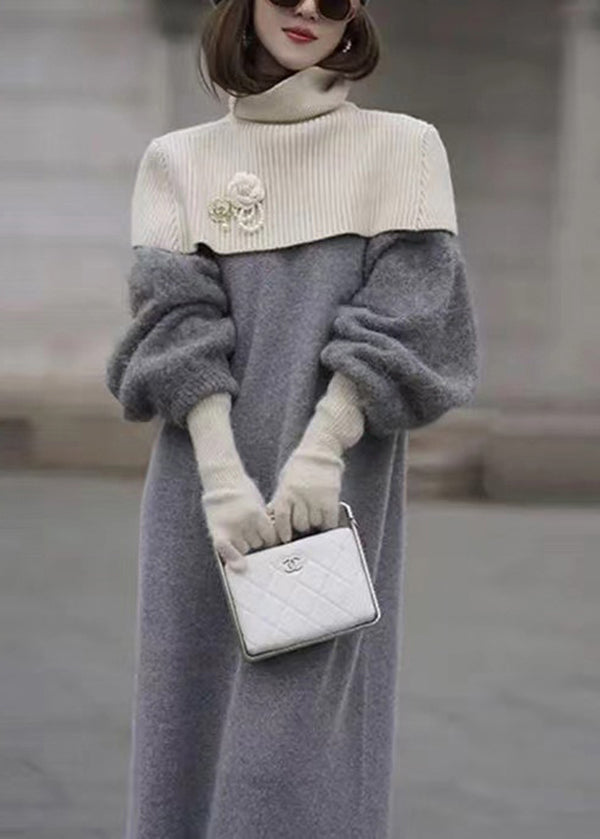 Italian Grey O Neck Woolen Sweater Dress Lantern Sleeve