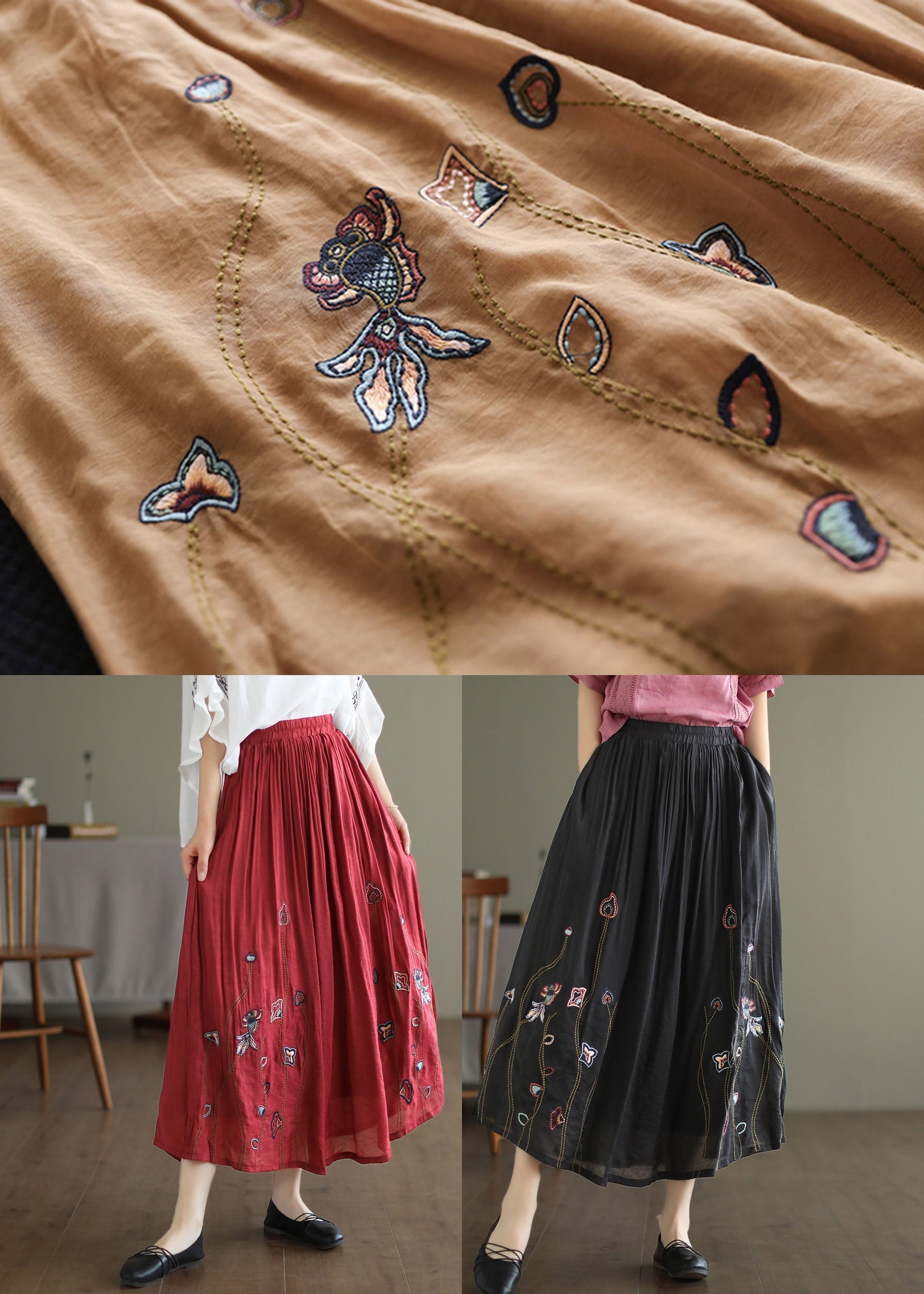 Italian Khaki Embroideried Exra Large Hem Linen Silk Skirts Spring