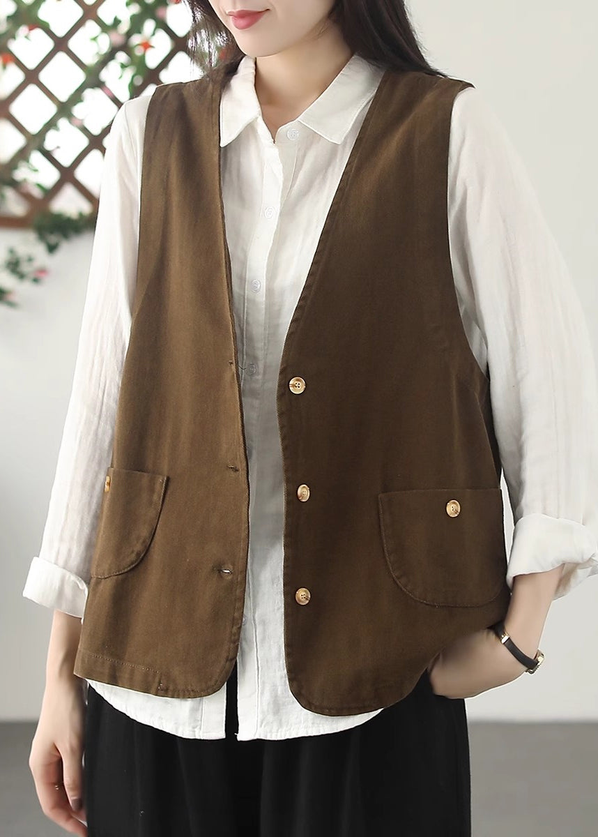 Italian Khaki V Neck Metal Button Down Cotton Vest Top Spring