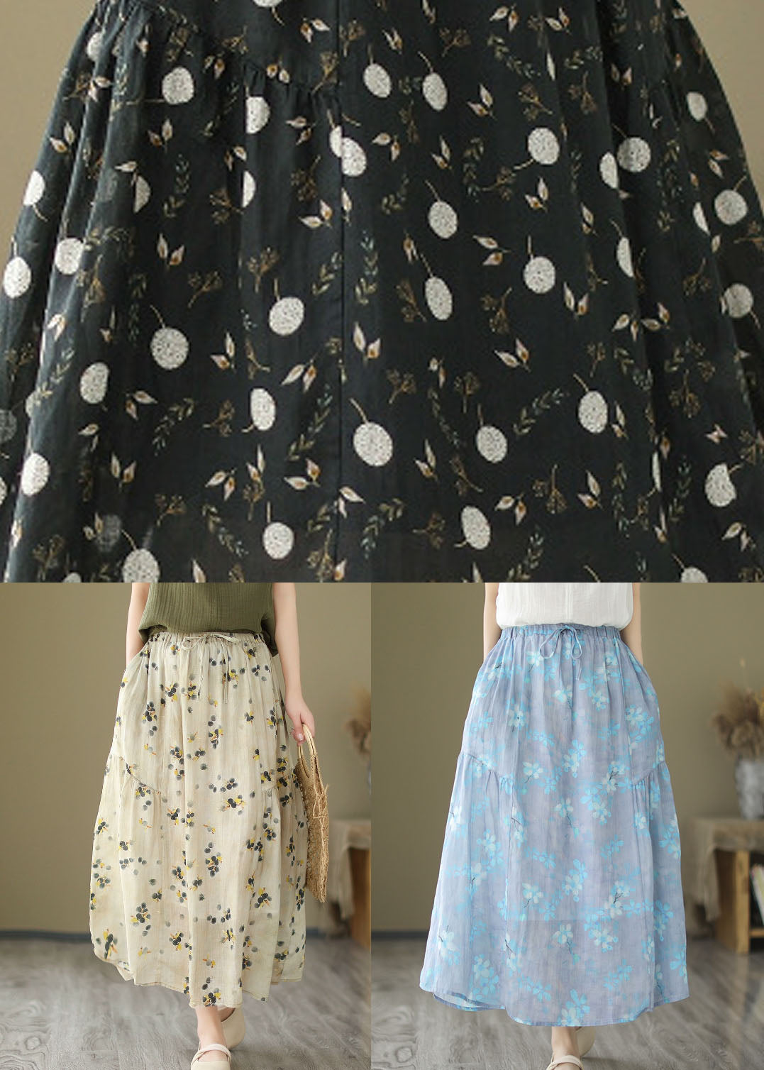 Italian Light Blue Wrinkled Print Elastic Waist Linen Skirt Summer