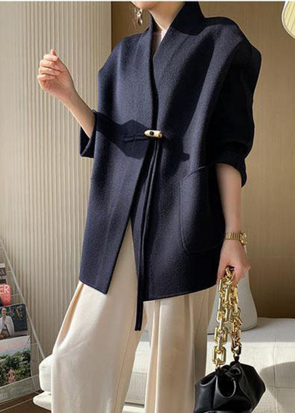 Italian Navy Oversized Pockets Tassel Woolen Coat Winter