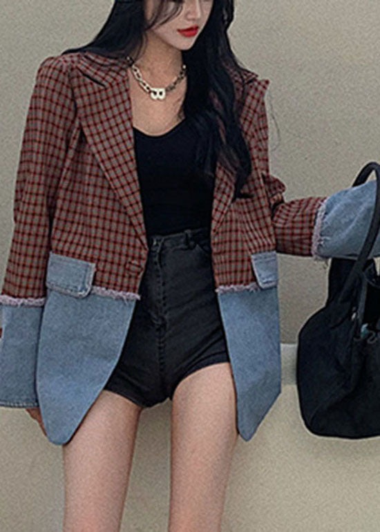 Italian Notched Plaid Patchwork Coat Long Sleeve