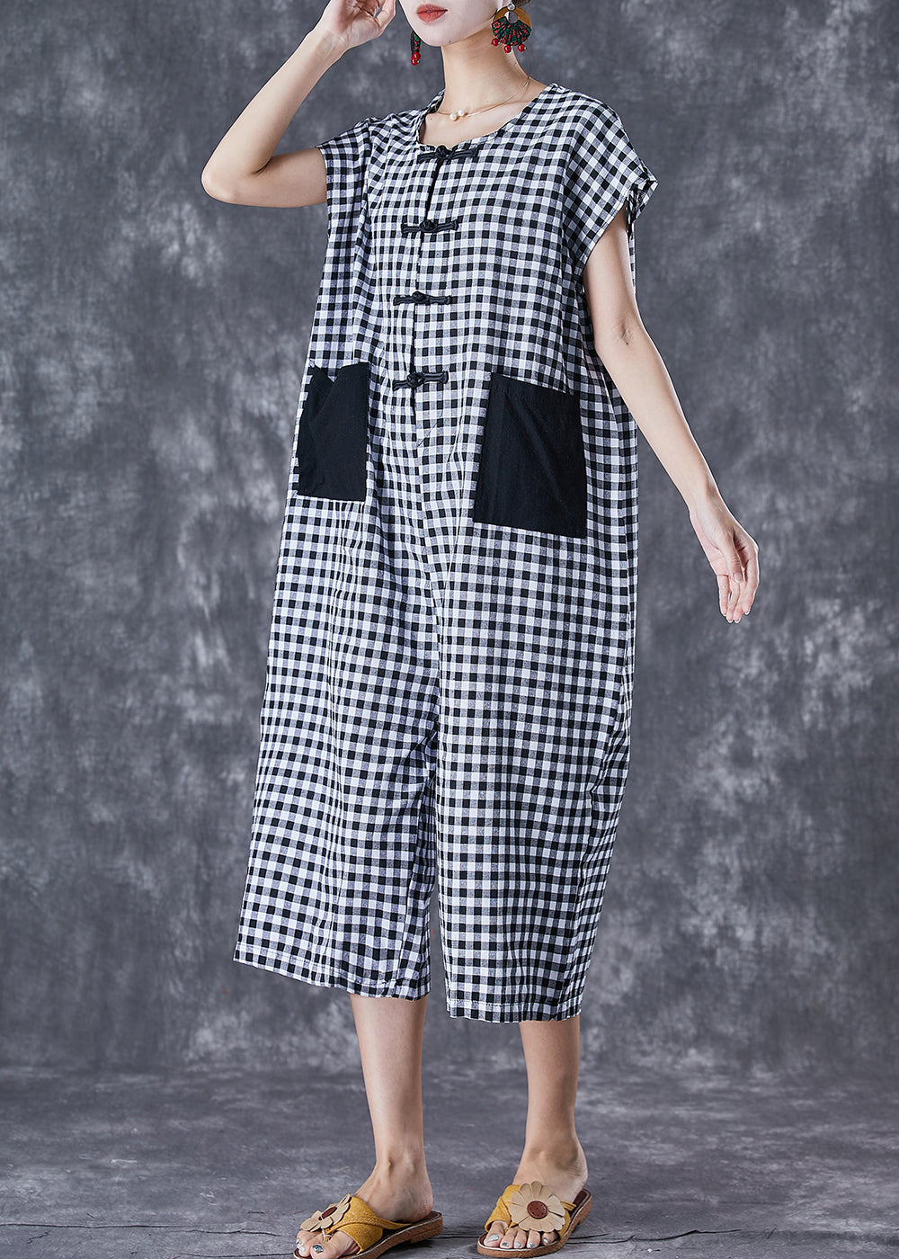 Italian Oversized Plaid Pockets Linen Jumpsuits Summer