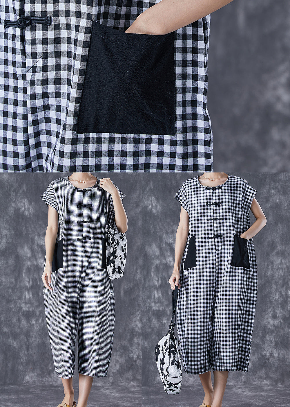 Italian Oversized Plaid Pockets Linen Jumpsuits Summer