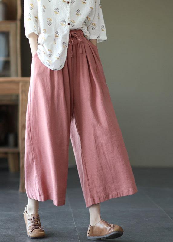 Italian Pink High Waist Tie Waist Fall Wide Leg Linen Pants