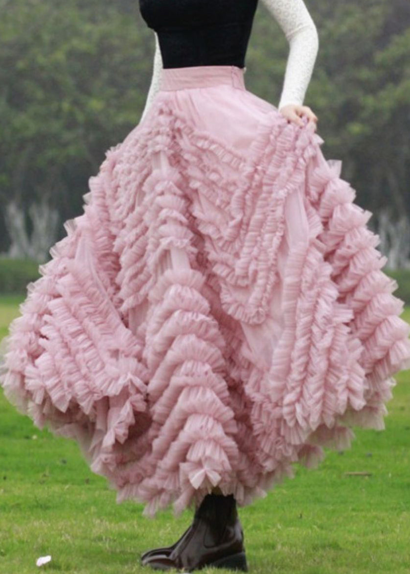 Italian Pink Ruffled High Waist Tulle Skirts Spring