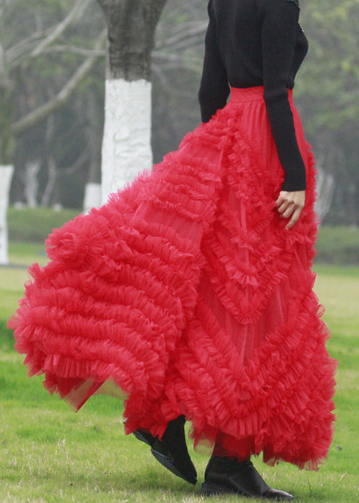 Italian Pink Ruffled High Waist Tulle Skirts Spring